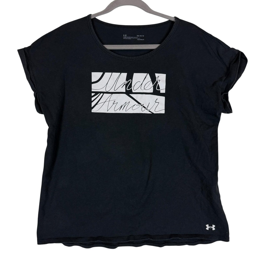 Under Armour Shirt Womens Medium Black Scoop Neck HeatGear Logo Graphic Tee